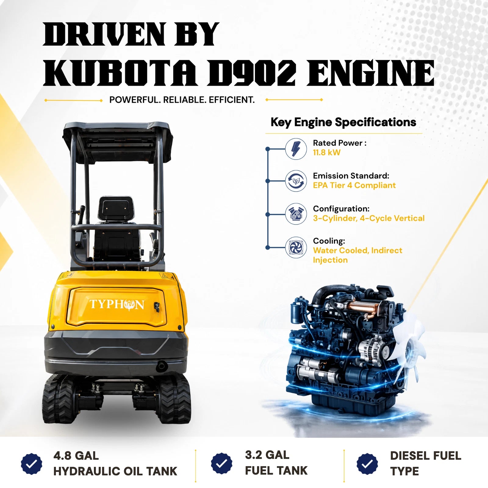 2026 TYPHON Terror XVII Pro 3800lbs Mini Excavator Kubota D902 Engine Side Swing