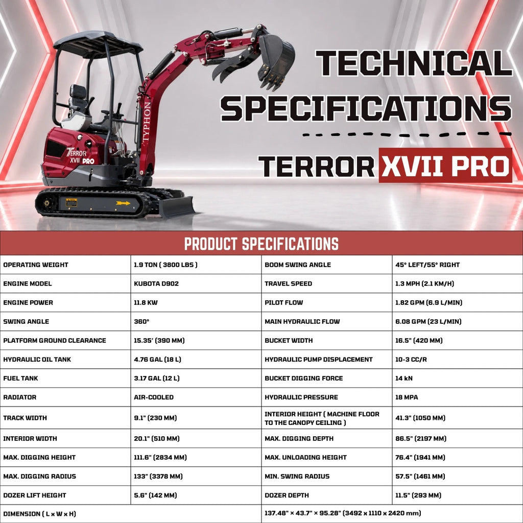 New TYPHON TERROR XVII PRO Mini Excavator 3800lb Kubota D902 Diesel w Boom Swing