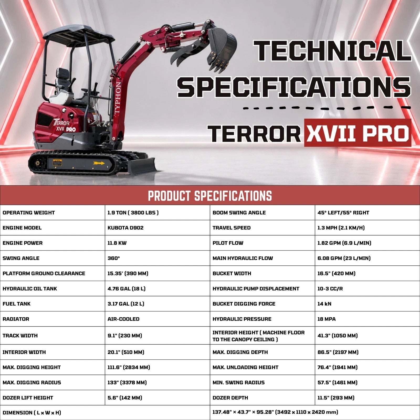 New TYPHON TERROR XVII PRO Mini Excavator 3800lb Kubota D902 Diesel w Boom Swing