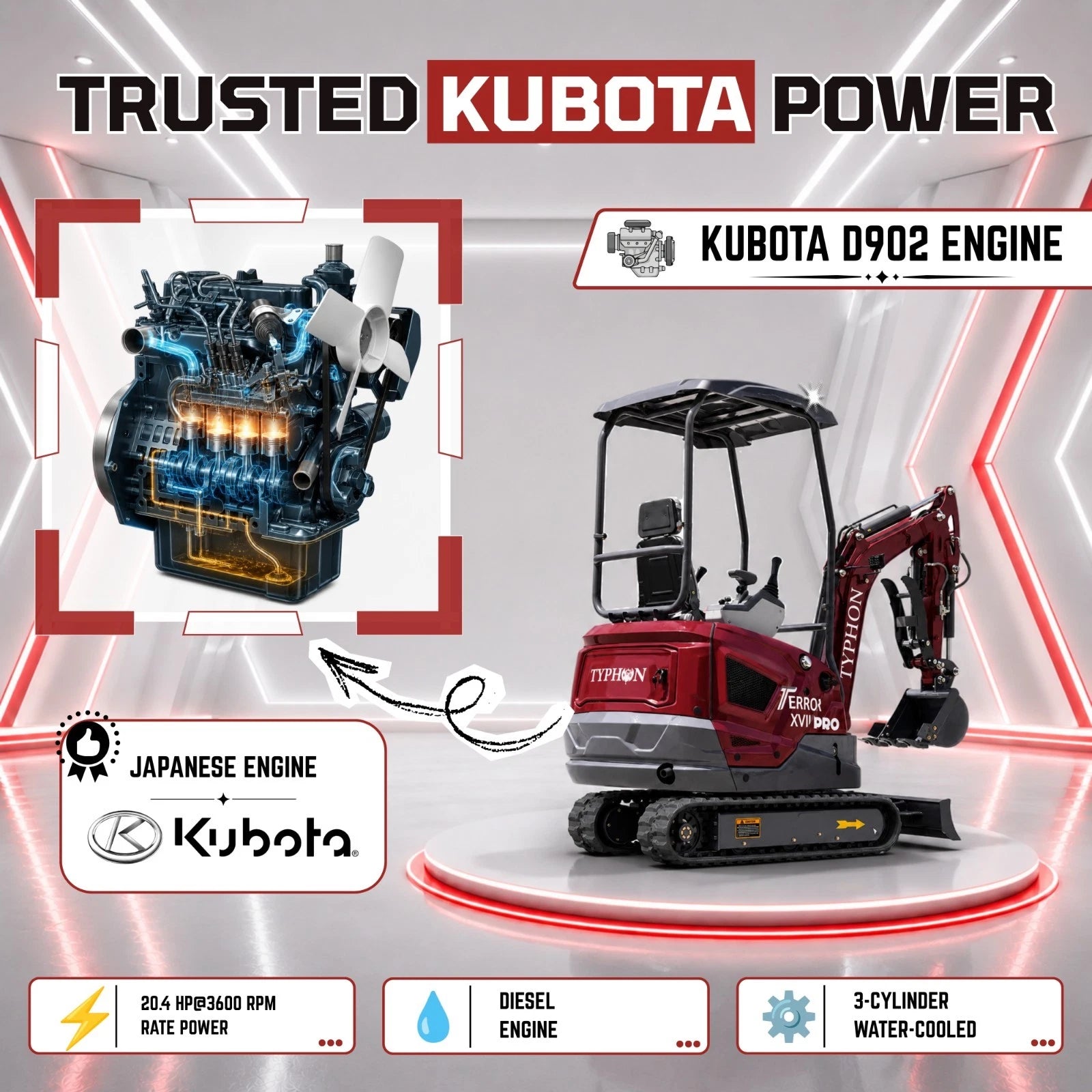 New TYPHON TERROR XVII PRO Mini Excavator 3800lb Kubota D902 Diesel w Boom Swing