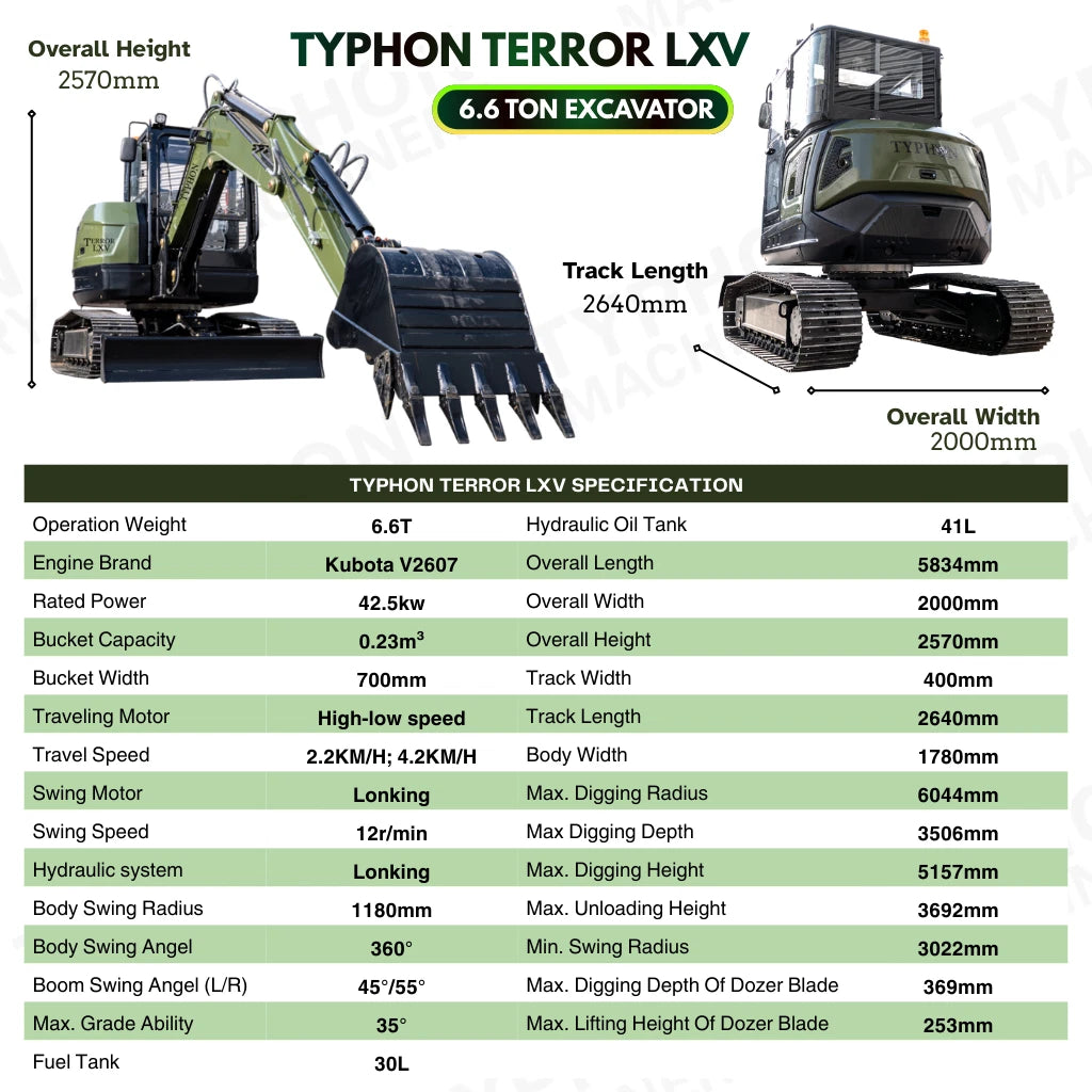TYPHON TERROR LXV 6.6 Ton Excavator Kubota V2607 57HP AC Heater Cabin Boom Swing