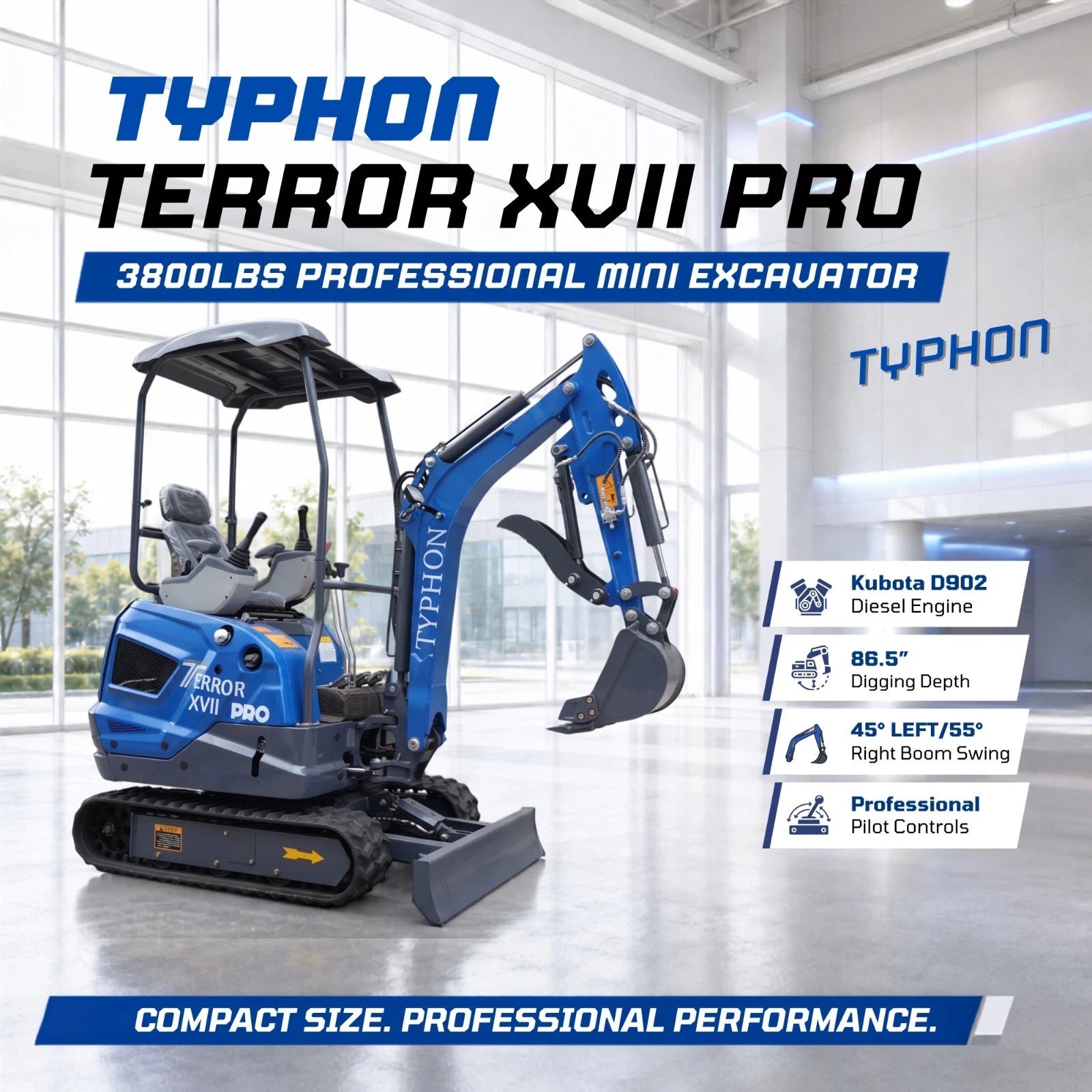 TYPHON TERROR XVII PRO 3800lb Mini Excavator Kubota D902 EPA Diesel Engine USA
