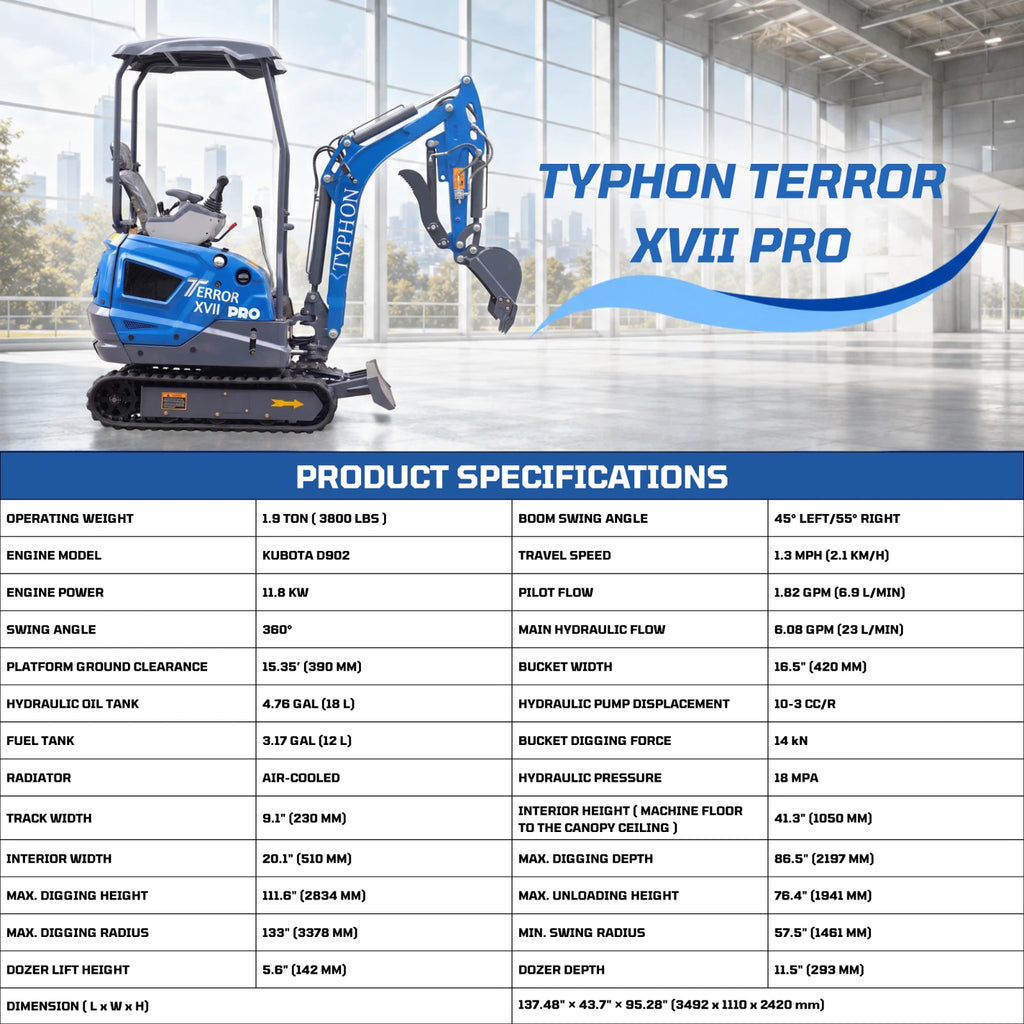TYPHON TERROR XVII PRO 3800lb Mini Excavator Kubota D902 EPA Diesel Engine USA