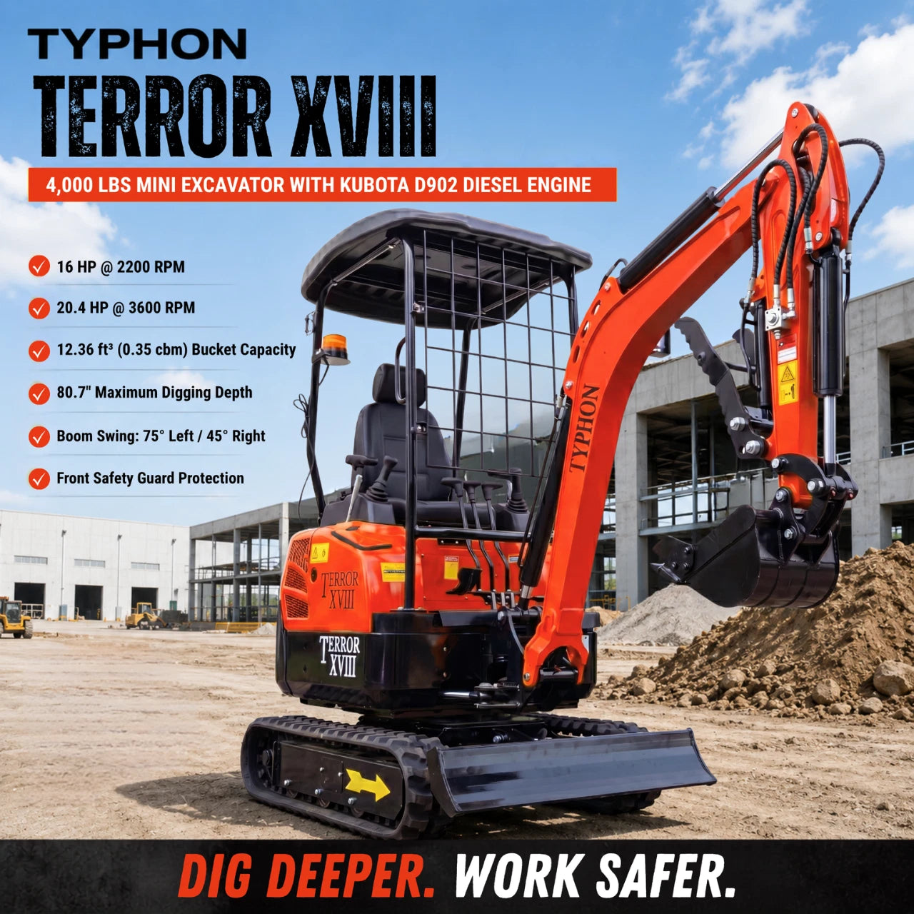 FREE SHIPPING 4000 lbs Terror XVIII Mini Excavator, KUBOTA D902 Diesel Engine