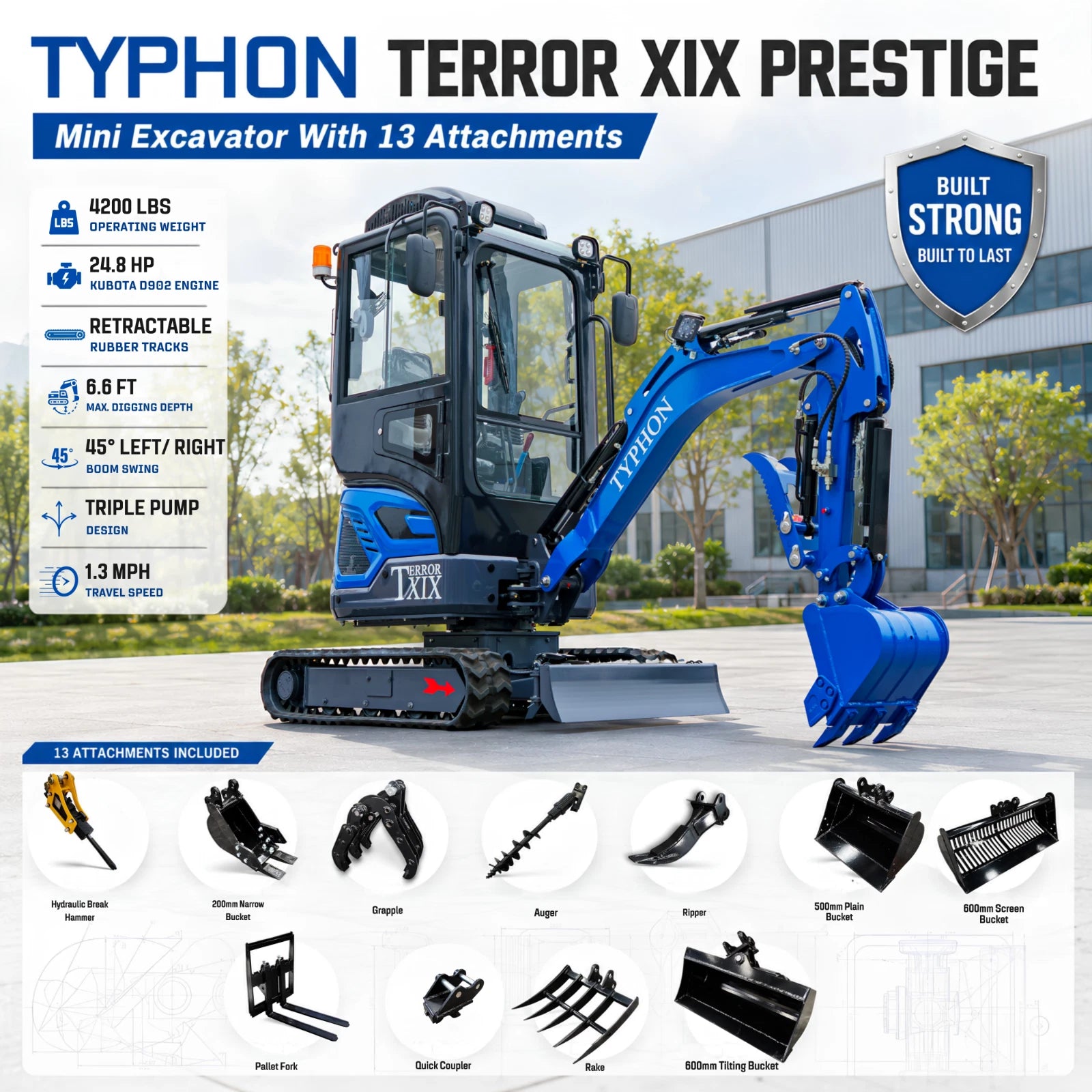 TERROR XIX Cab AC/Heater Mini Excavator Kubota D902 Retractable Tracks 13 Tools