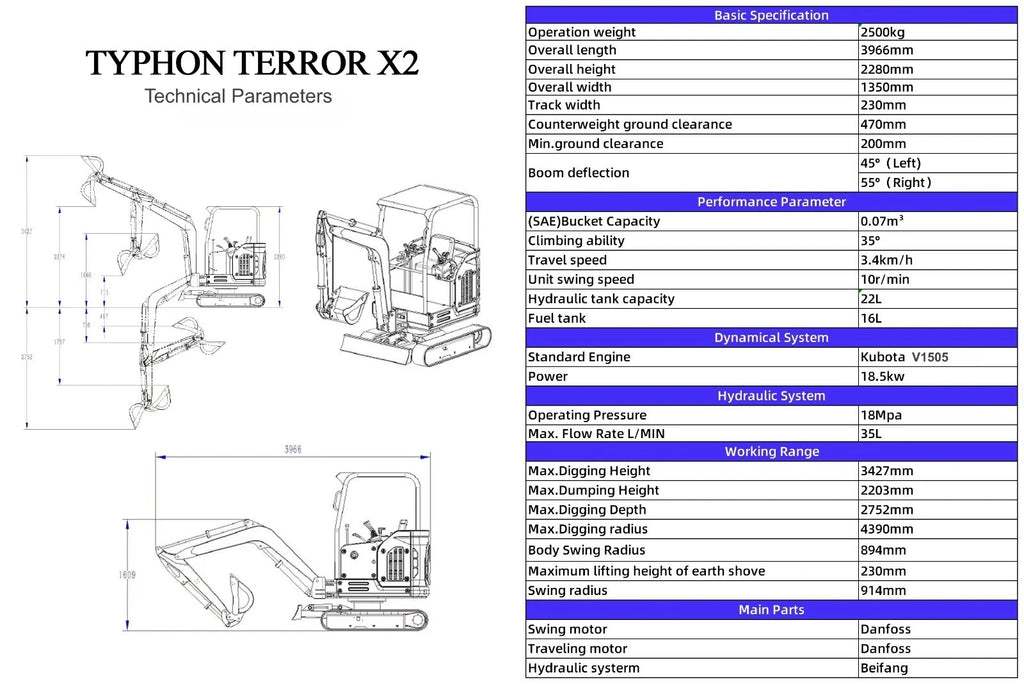TYPHON TERROR X2 STORM Mini Excavator 2.5 Ton Diesel Kubota V1505 25HP Engine US