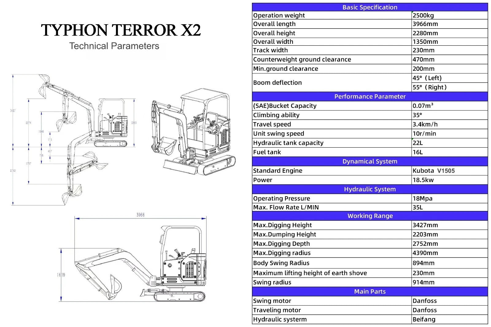TYPHON TERROR X2 STORM Mini Excavator 2.5 Ton Diesel Kubota V1505 25HP Engine US