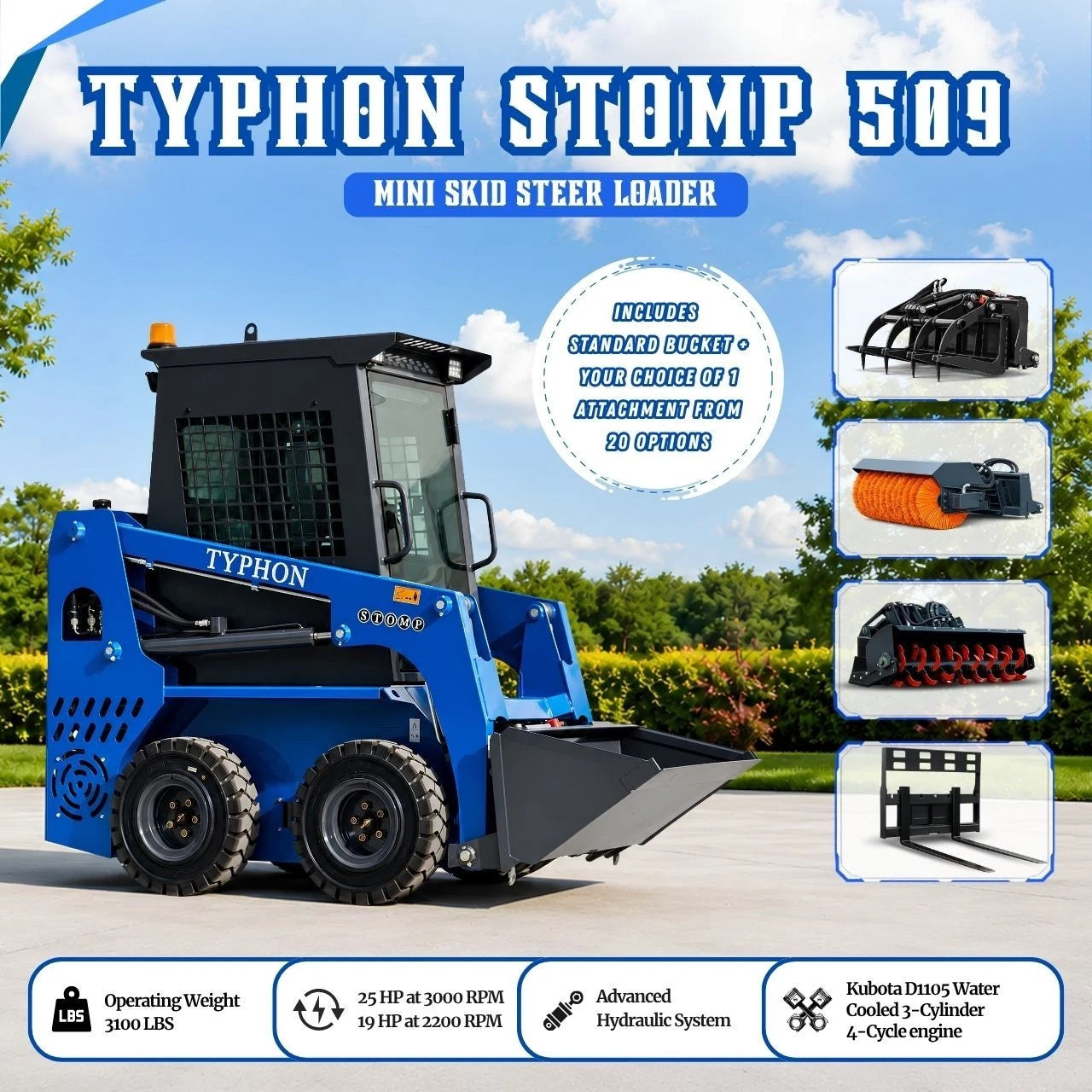 TYPHON STOMP 509 Wheel Skid Steer Loader 25HP Kubota D1105 w 1 Attachment Option
